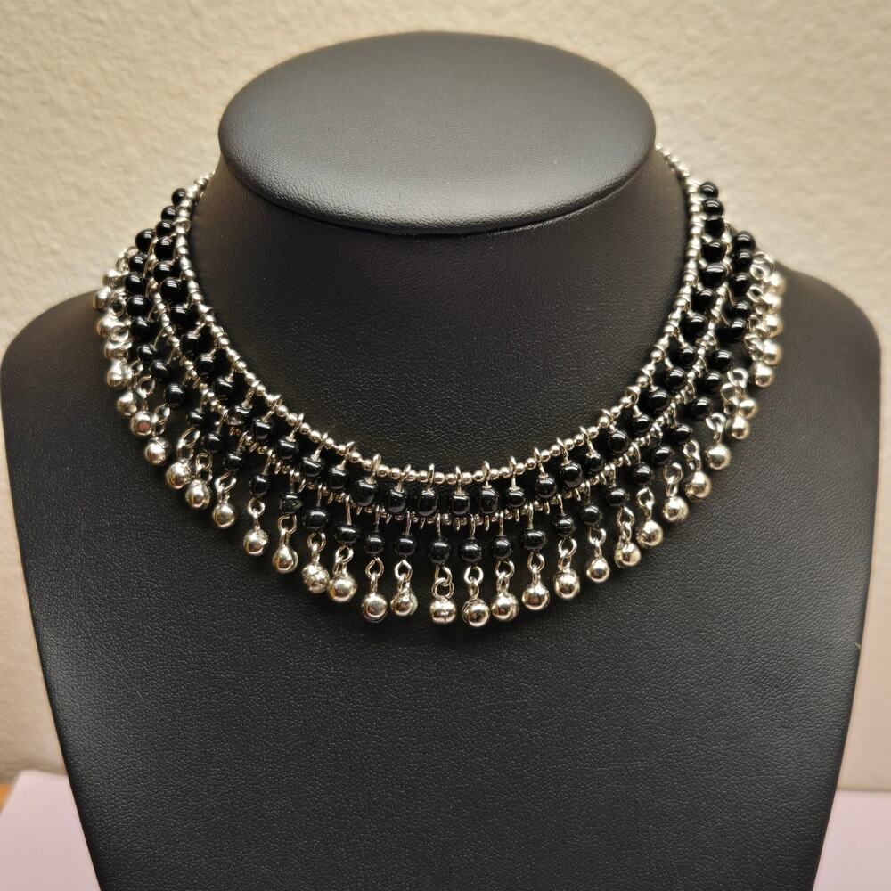 VTG Boho Oxidized Silver Choker Necklace Tribal Ethnic Beaded Statement Fringe